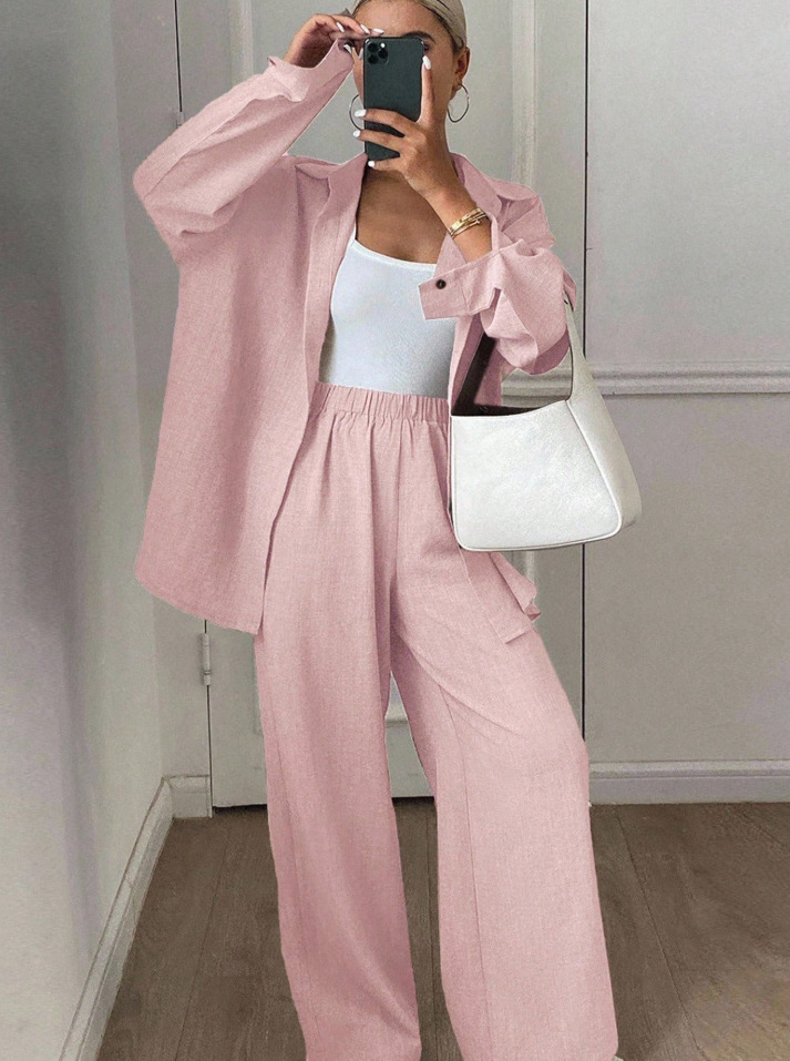 Casual Cotton-Linen Long-Sleeve Shirt and Pants Two-Piece Set
