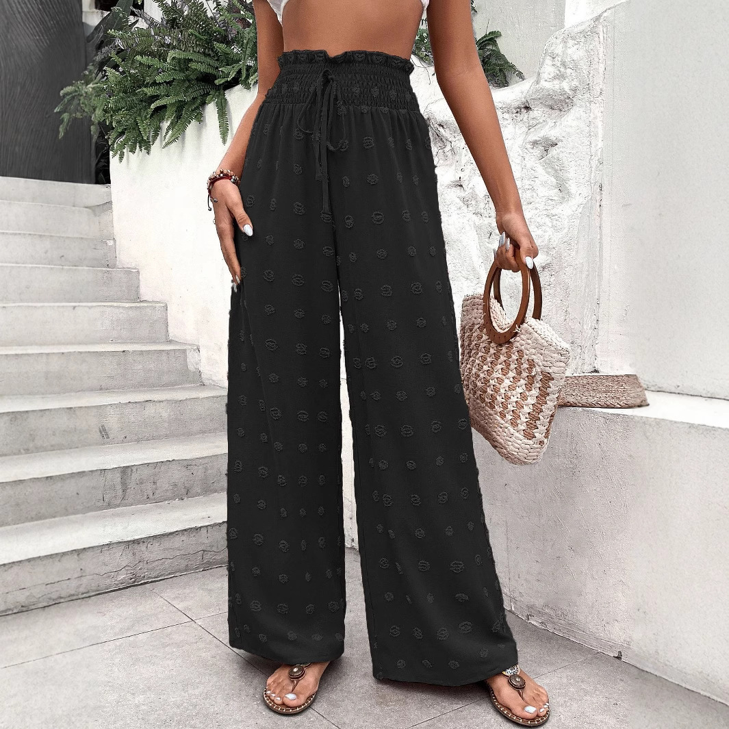 Black Jacquard Wide-Leg Pants High Waist Drawstring Loose Casual
