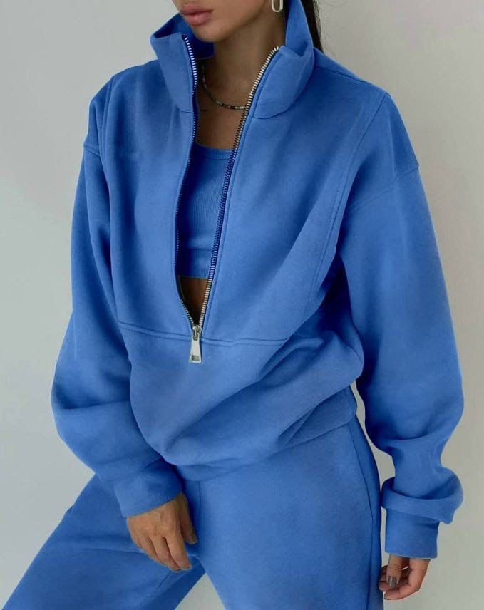 Women's Fleece Zip-Up Tracksuit Set Casual Athleisure