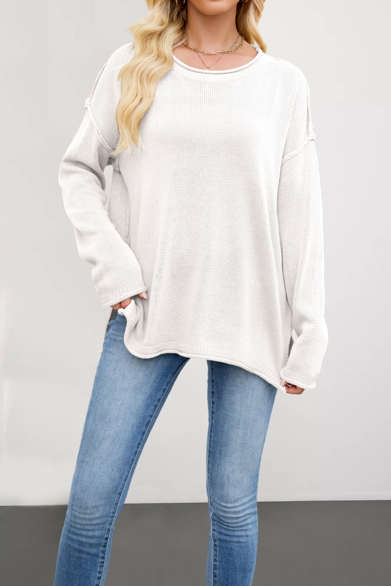Women's Solid Crewneck Knit Pullover Sweater Loose Fit