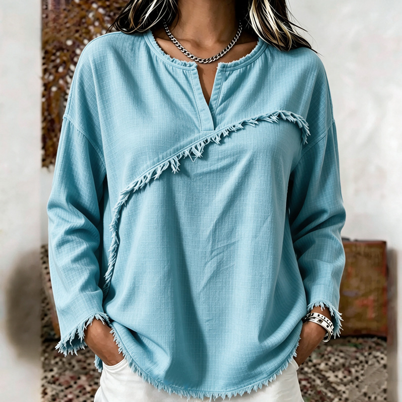Women's Textured Fringe Tassel Retro Crewneck Long Sleeve Top Blouse