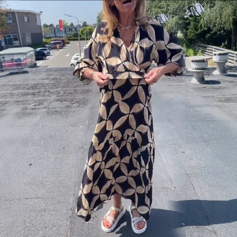 Women's Loose V-Neck Coin Print Maxi Dress