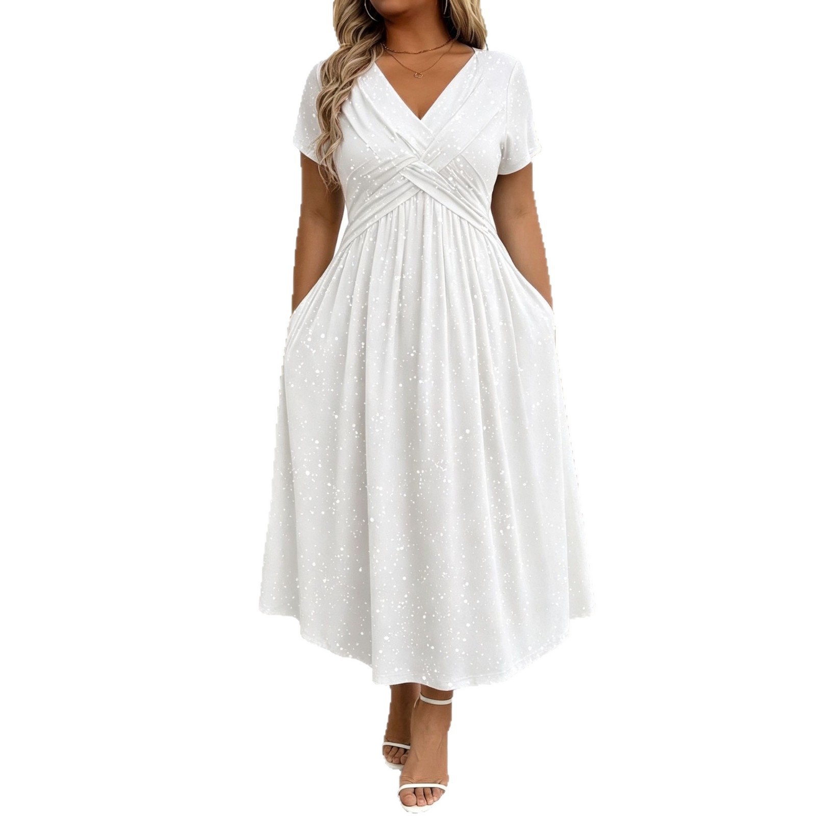 Sparkling V-Neck Short Sleeve Fitted Midi Dress