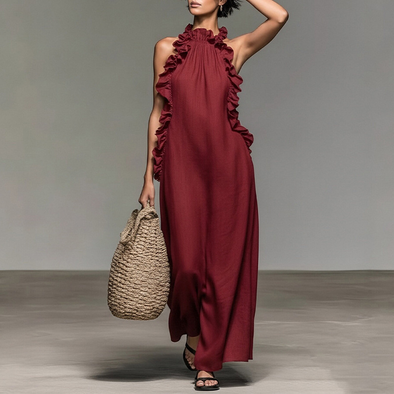 Women's Loose Fit Solid Color Halter Neck Dress with Pockets and Ruffle Hem
