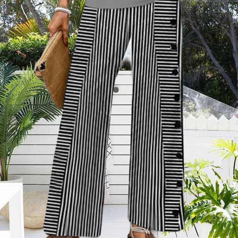 Women's Striped Wide-Leg Button Casual Straight Pants