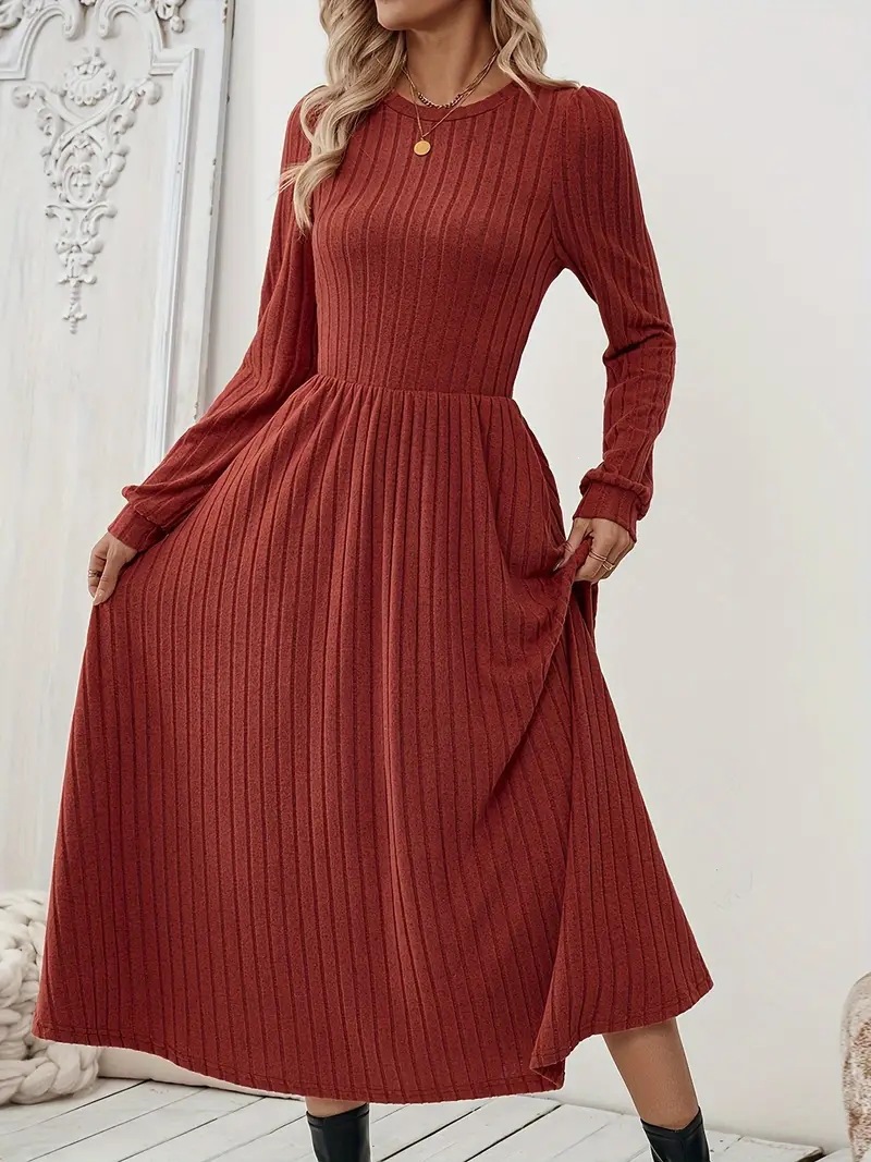 Women's Long Sleeve Crew Neck A-Line Knit Dress Solid Color
