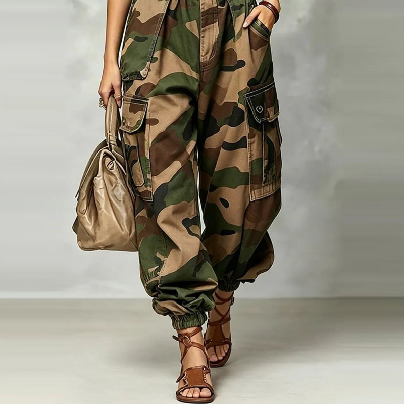 Retro Camo Multi-Pocket Cargo Pants Summer Loose Straight Wide-Leg