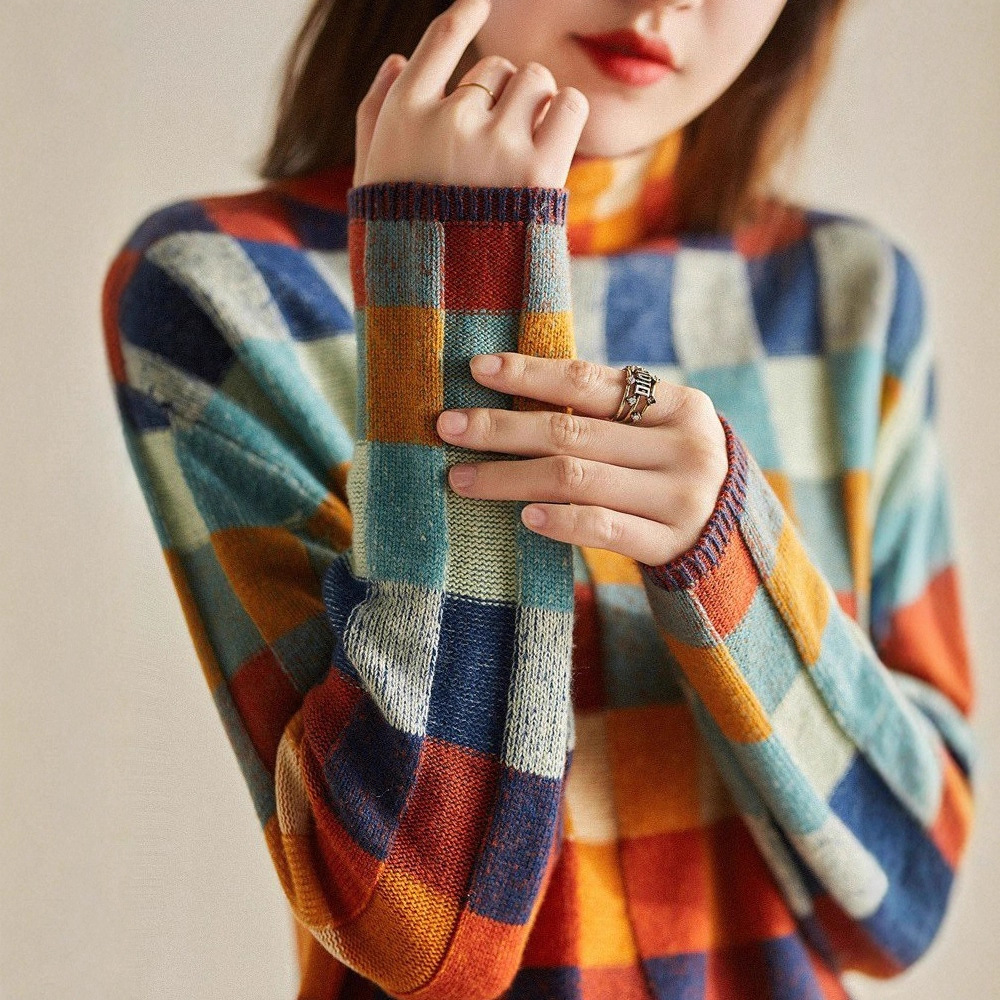 Colorful Checkered Turtleneck Knit Sweater for Women Long Sleeve Pullover