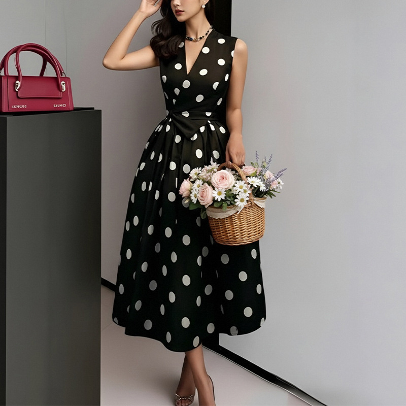 French Vintage Polka Dot High-Waist A-Line Midi Dress