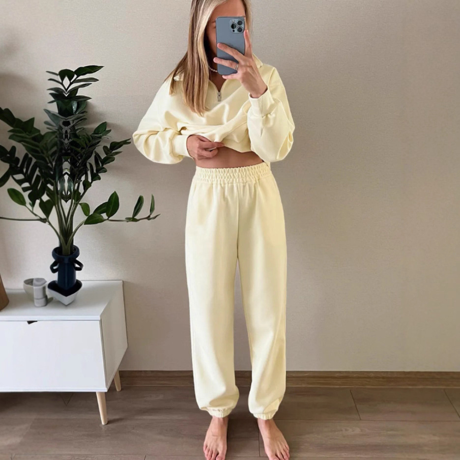 Half-Open Collar Long Sleeve Oversize Hoodie and Drawstring Sweatpants Set