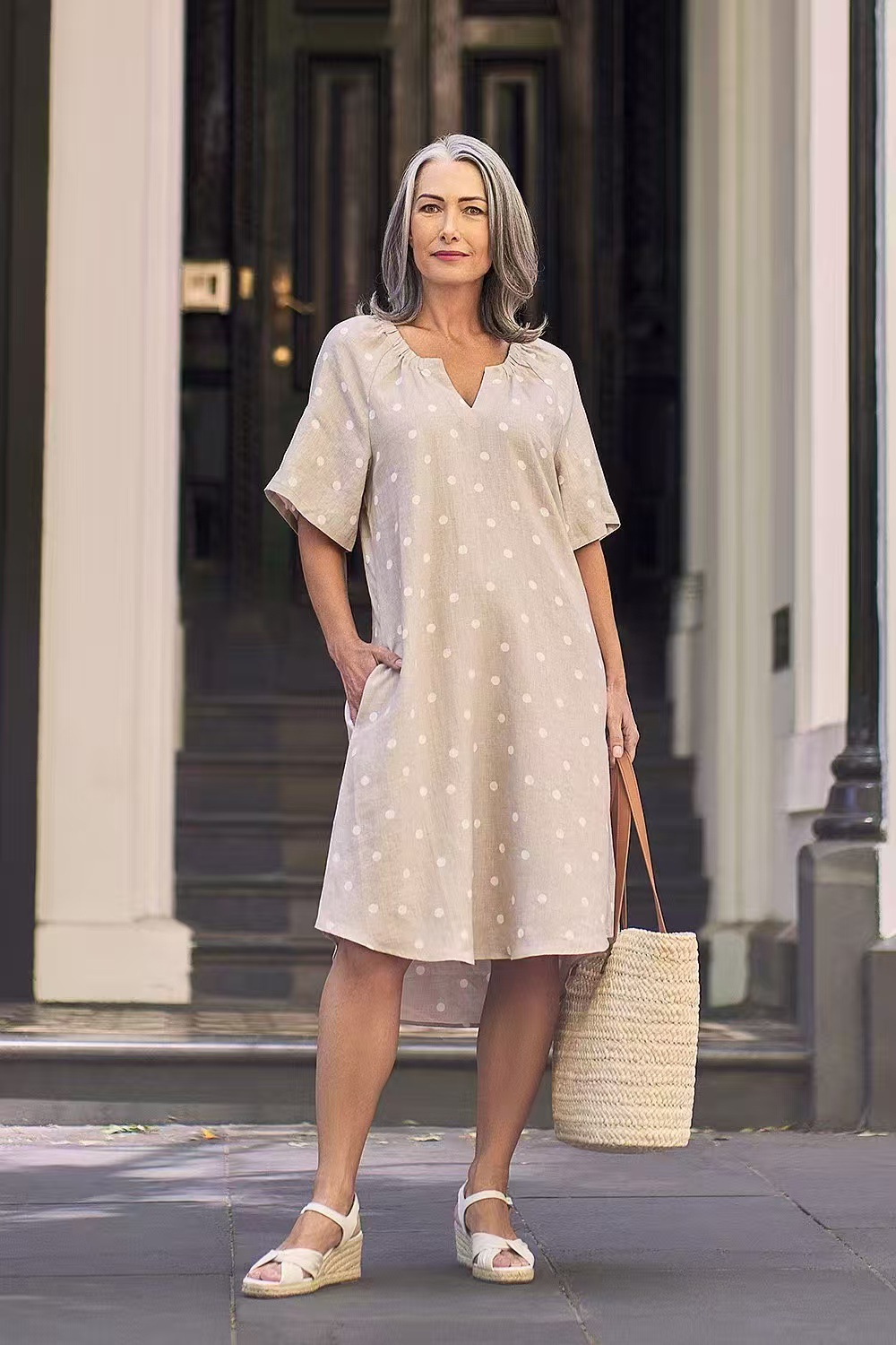 V-Neck Short Sleeve Polka Dot Midi Dress with Pockets