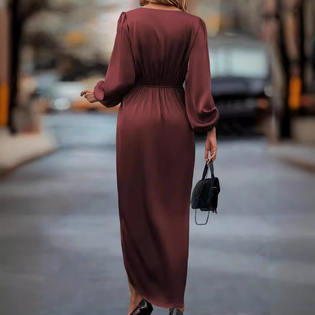Women's Solid V-Neck Long Sleeve Split Waist Dress