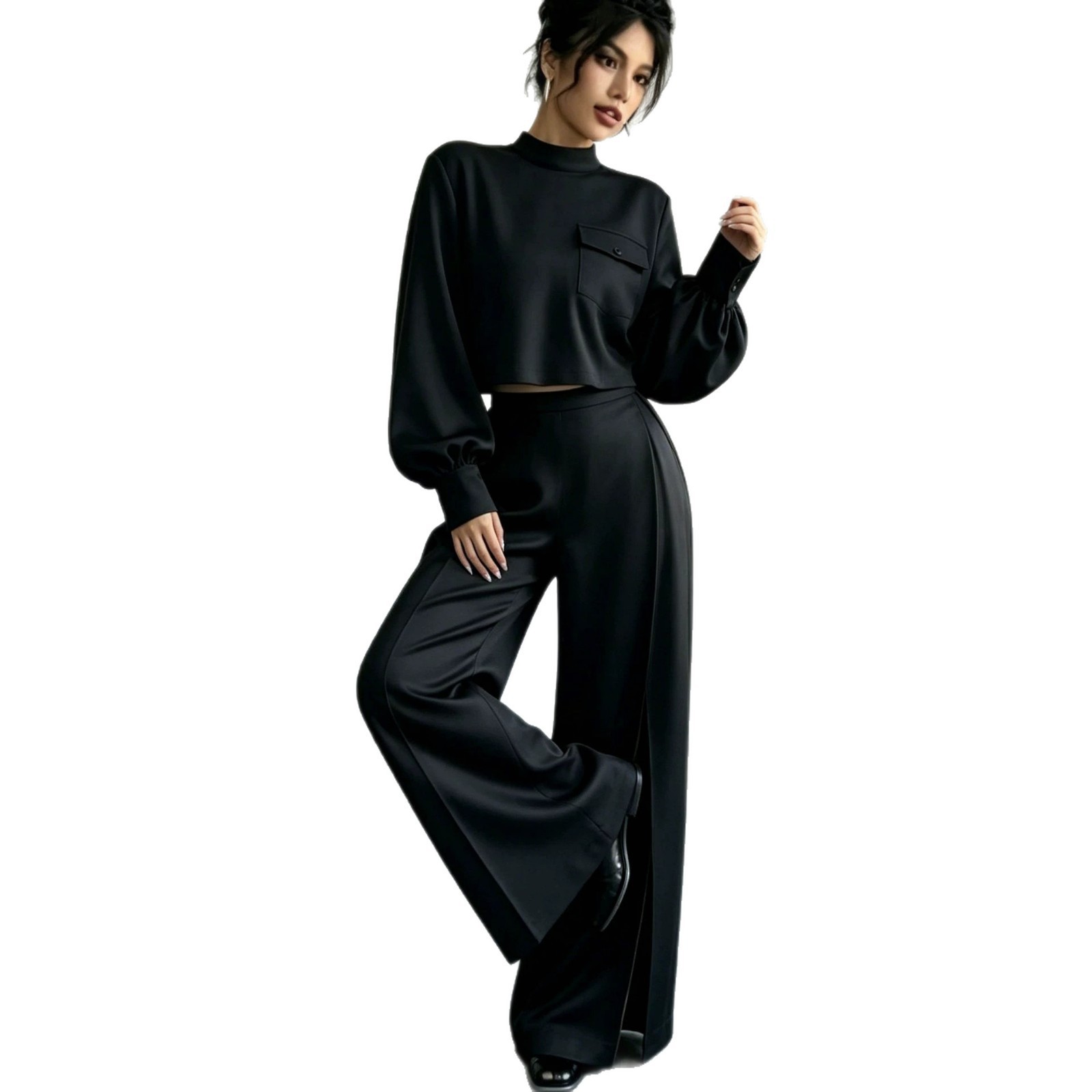 Women's Solid Color Wide-Leg Pants Set with Long-Sleeve Cropped Top