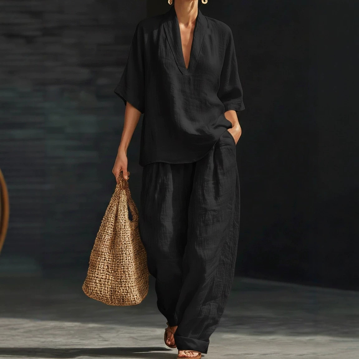 V-Neck Short Sleeve Top and Pocket Pants Set Women's Casual Two-Piece Outfit