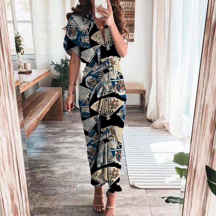 Elegant Short Sleeve Solid Knot High Waist A-Line Long Dress