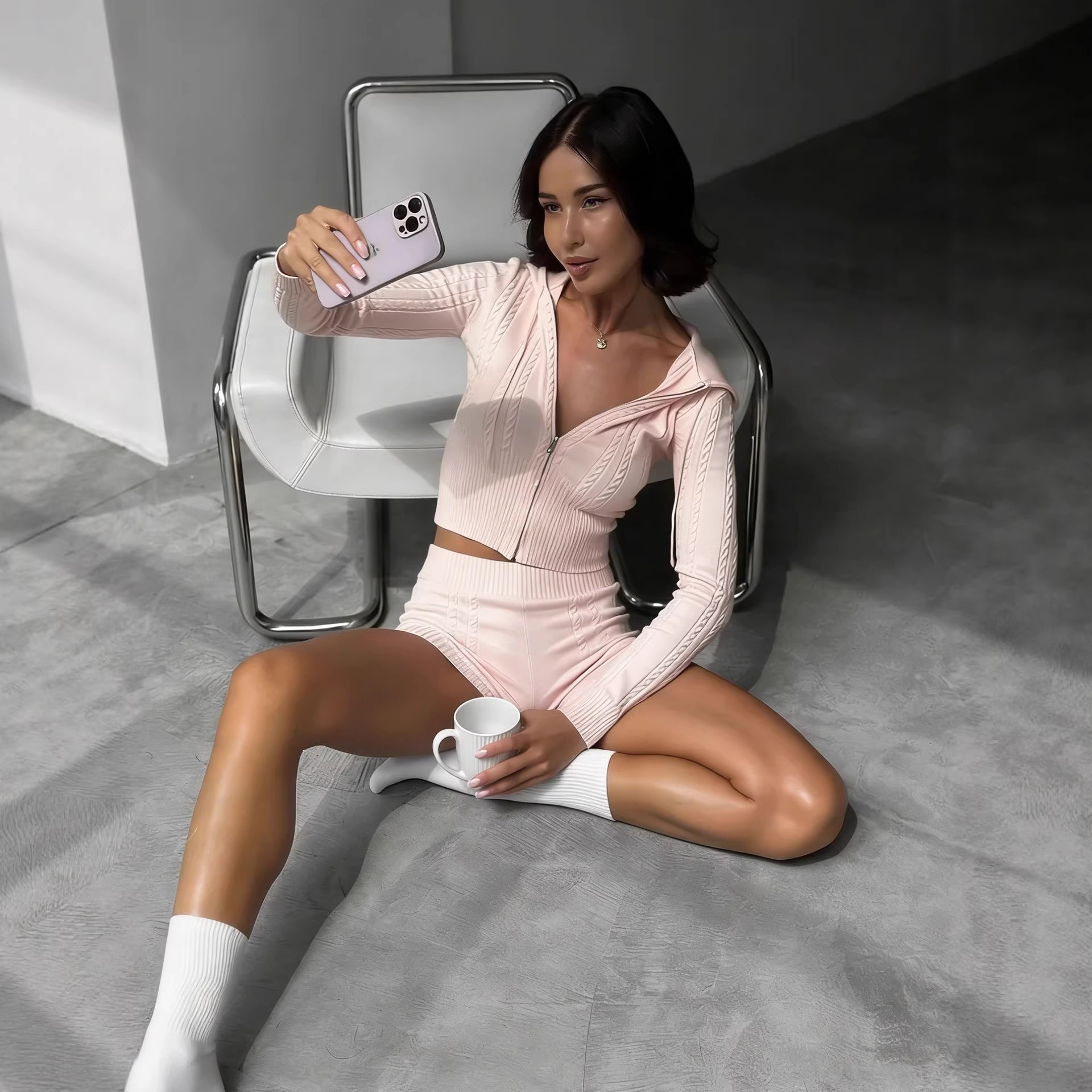 Cable-Knit Hooded Zip Cardigan & High-Waist Shorts Set