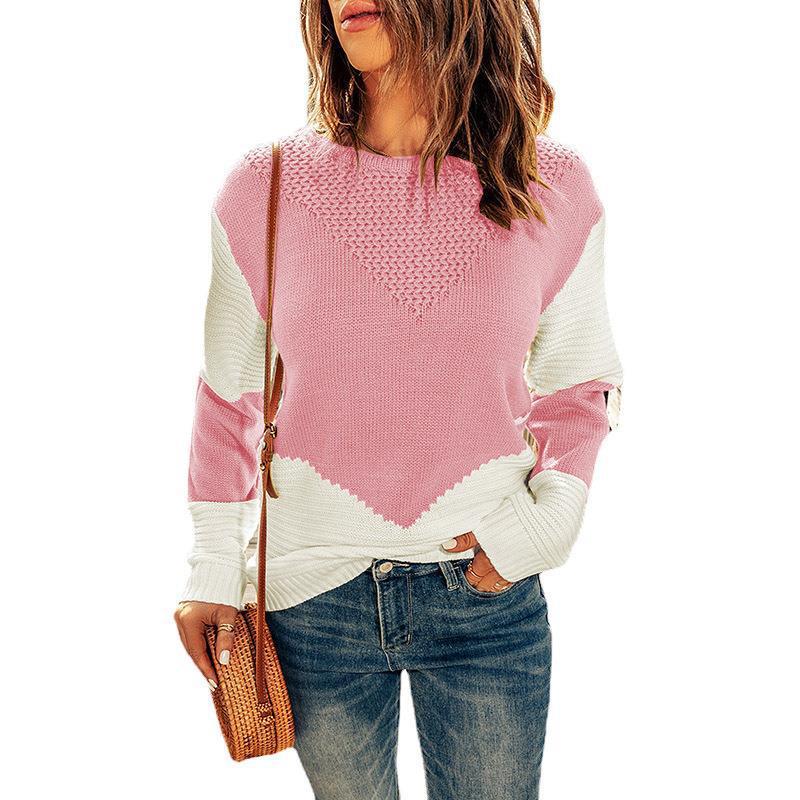Women's Color-Block Crewneck Knit Sweater Long-Sleeve Pullover
