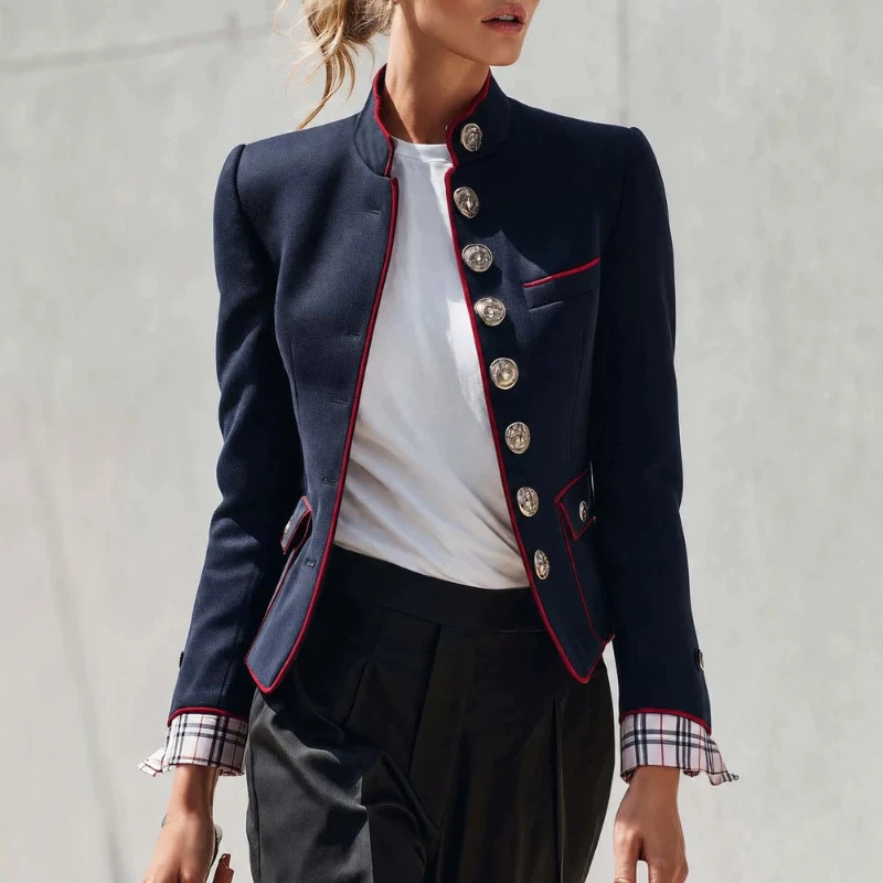 Elegant Stand-Collar Plaid-Cuff Navy Jacket