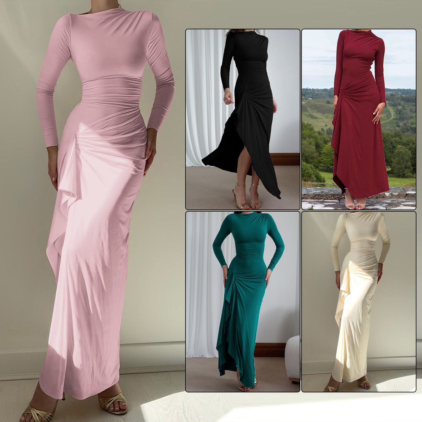Solid Crew Neck Slit Bodycon Long Dress