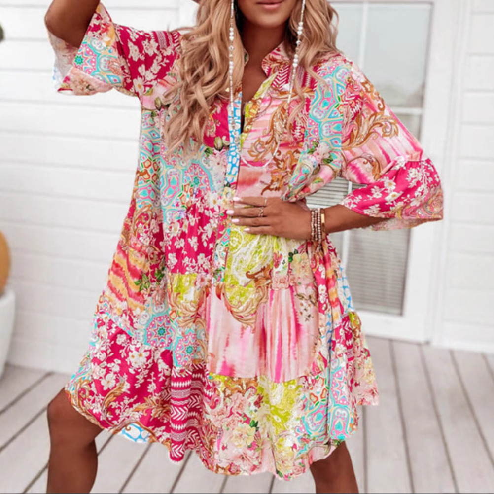 Women's V-Neck Button Print Midi Dress