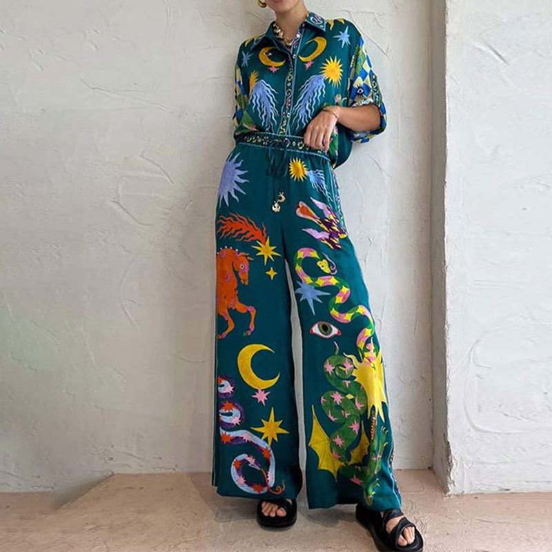 Women's Printed Button Cardigan & Pants Set Casual Loungewear