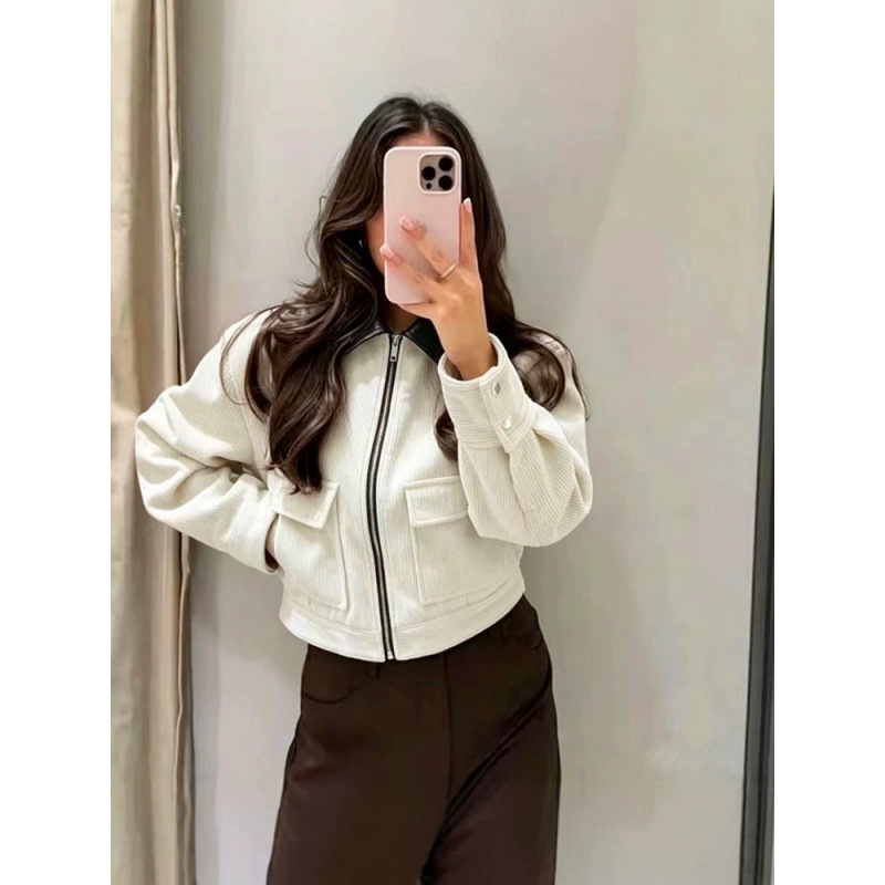 Corduroy Paneled Faux Leather Collar Jacket Women's Casual