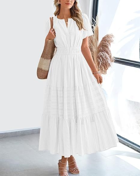 Women's V-Neck Ruffle Bubble Sleeve Layered Maxi Dress