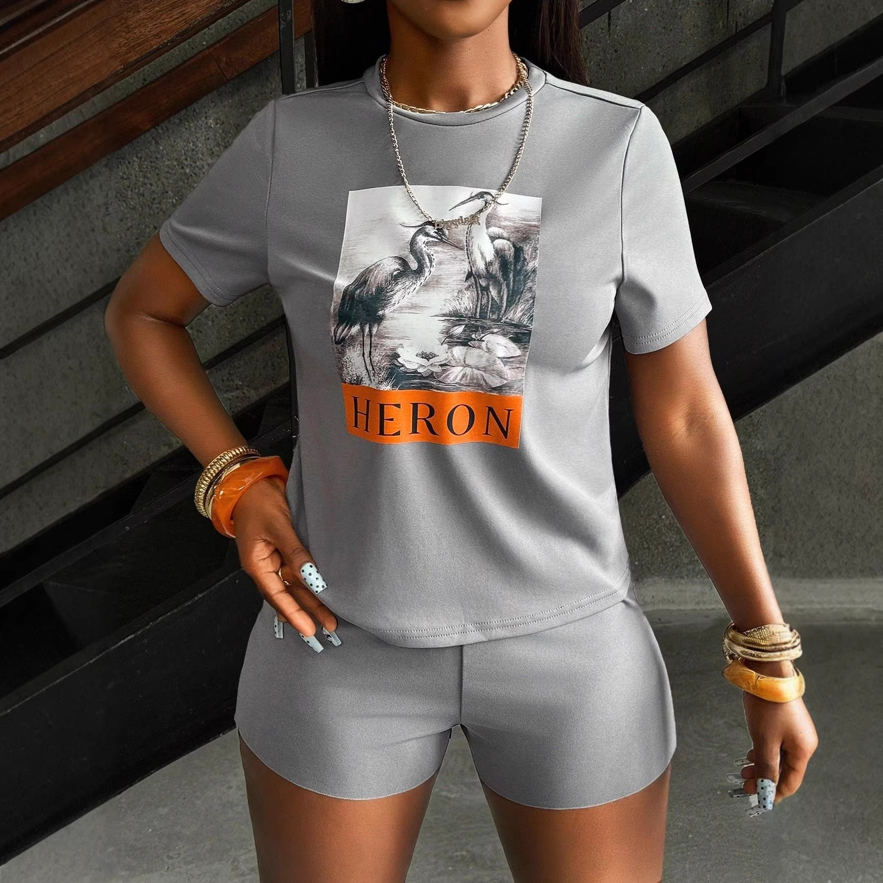 Crane Print Short Sleeve T-Shirt and Drawstring Shorts Set