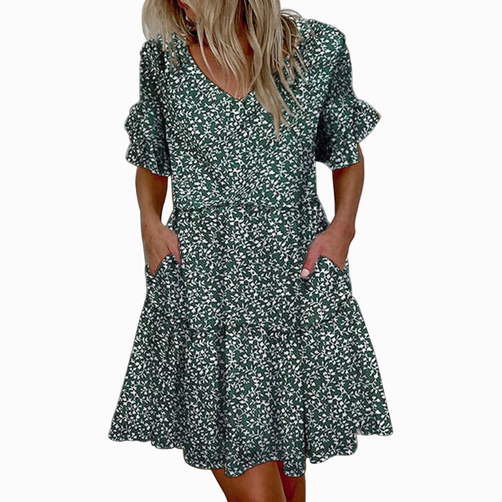 Women's Summer V-Neck Floral Ruffle Pocket Dress
