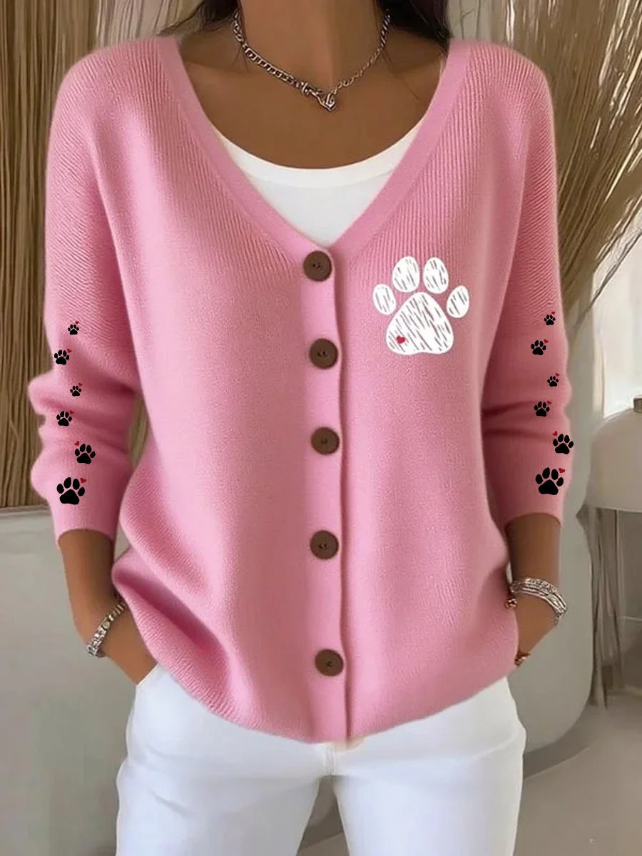 Women's Pet Print Ribbon Ghost Button Cardigan Sweater