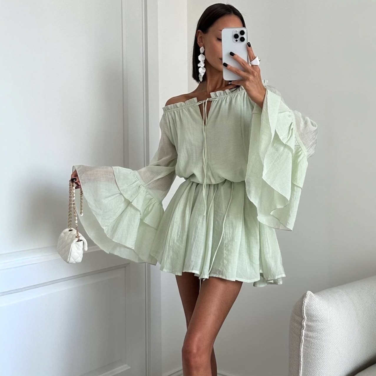 Off-Shoulder Bell-Sleeve Waist-Cinched A-Line Short Dress