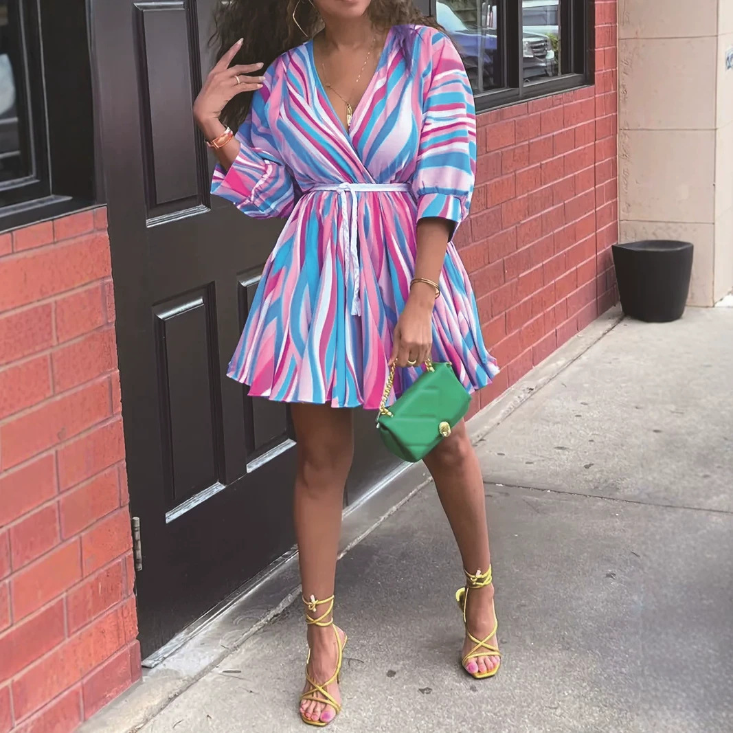 Colorful Striped V-Neck A-Line Dress with Belt, 3/4 Sleeve
