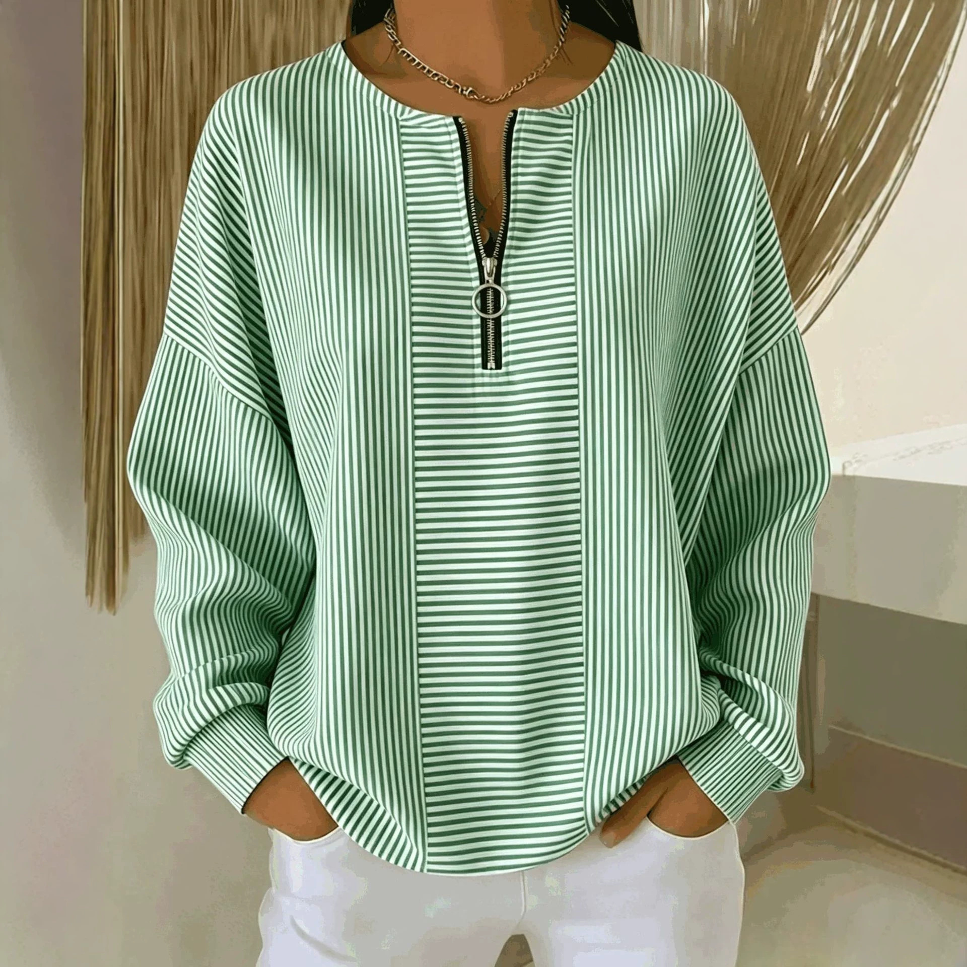 Women's Retro Striped Zip-Front Polo Top Casual Loose Fit