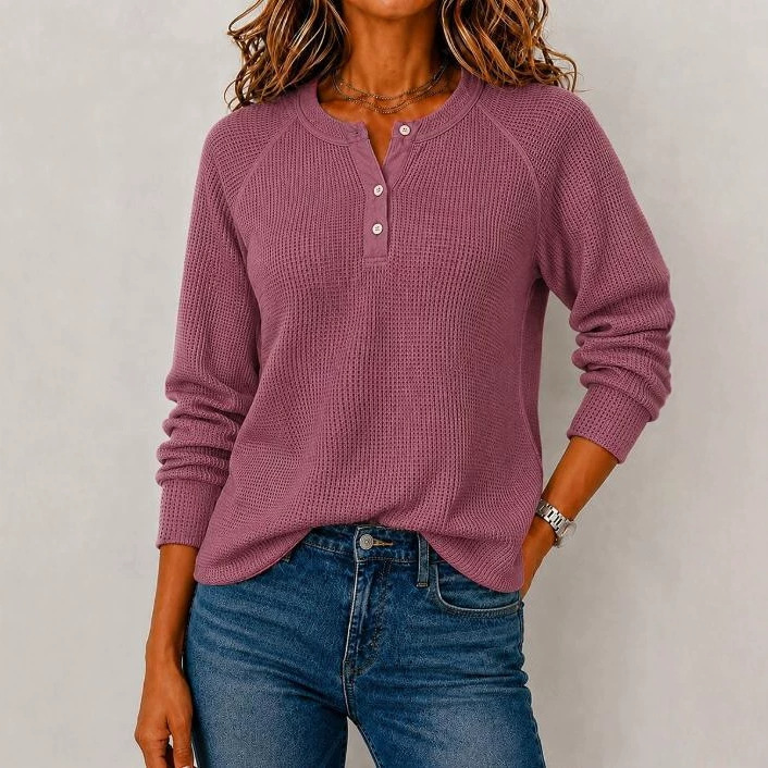 Women's Waffle Knit Long Sleeve V-Neck Top