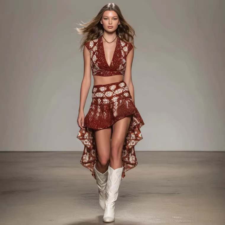 Wine Red Geometric Chiffon Top and Ruffle Skirt Set