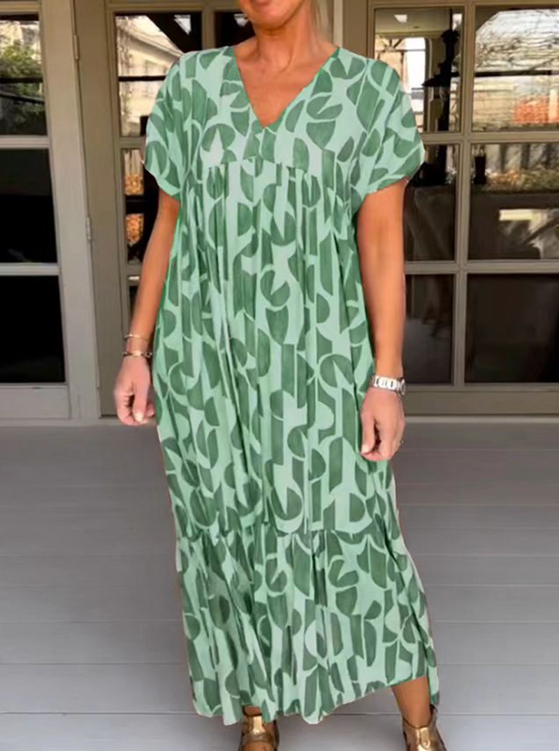 Geometric Print V-Neck Short Sleeve Loose Casual Dress