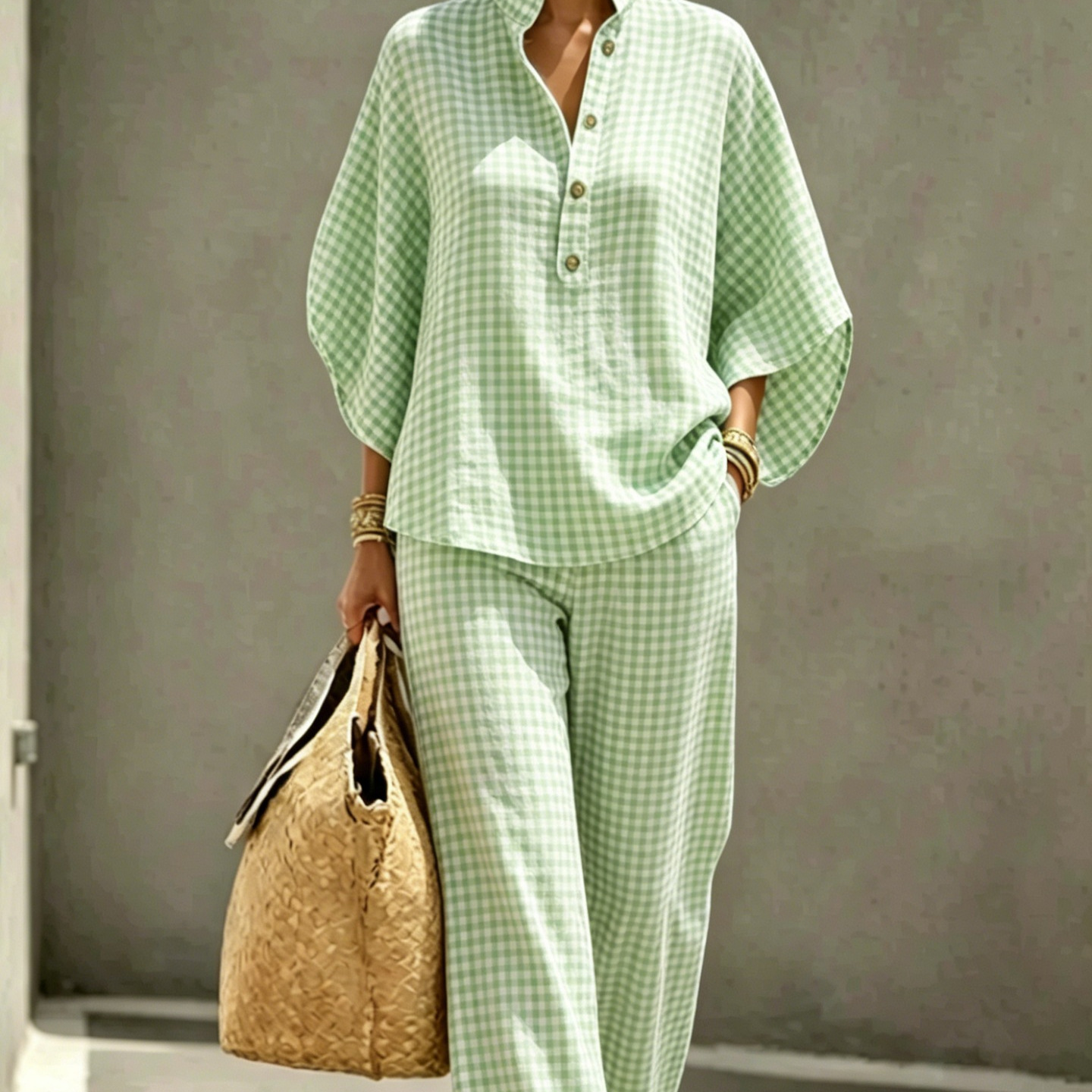 Women's Striped Plaid Print Long Sleeve Button Collared Top Set