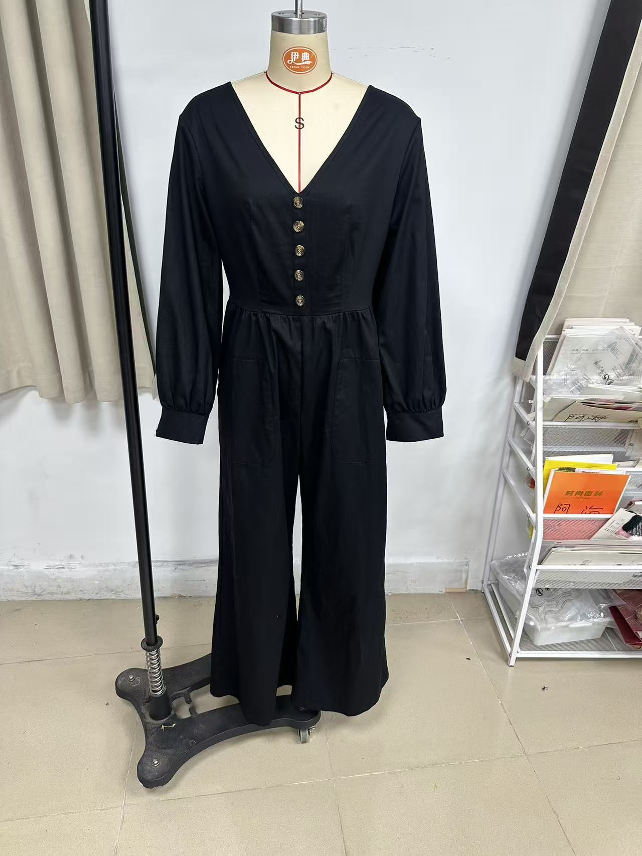 Women's V-Neck Long Sleeve Wide Leg Jumpsuit with Pockets Casual