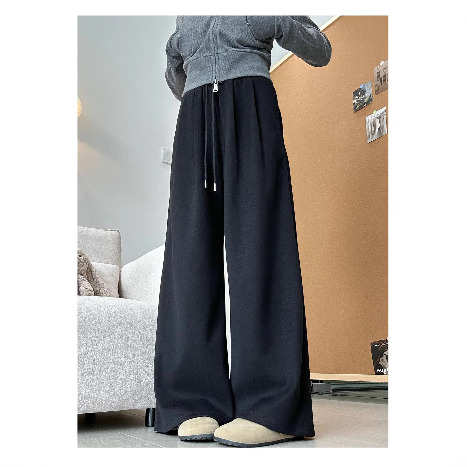Women's American Retro Wide-Leg Sweatpants Loose Straight Navy
