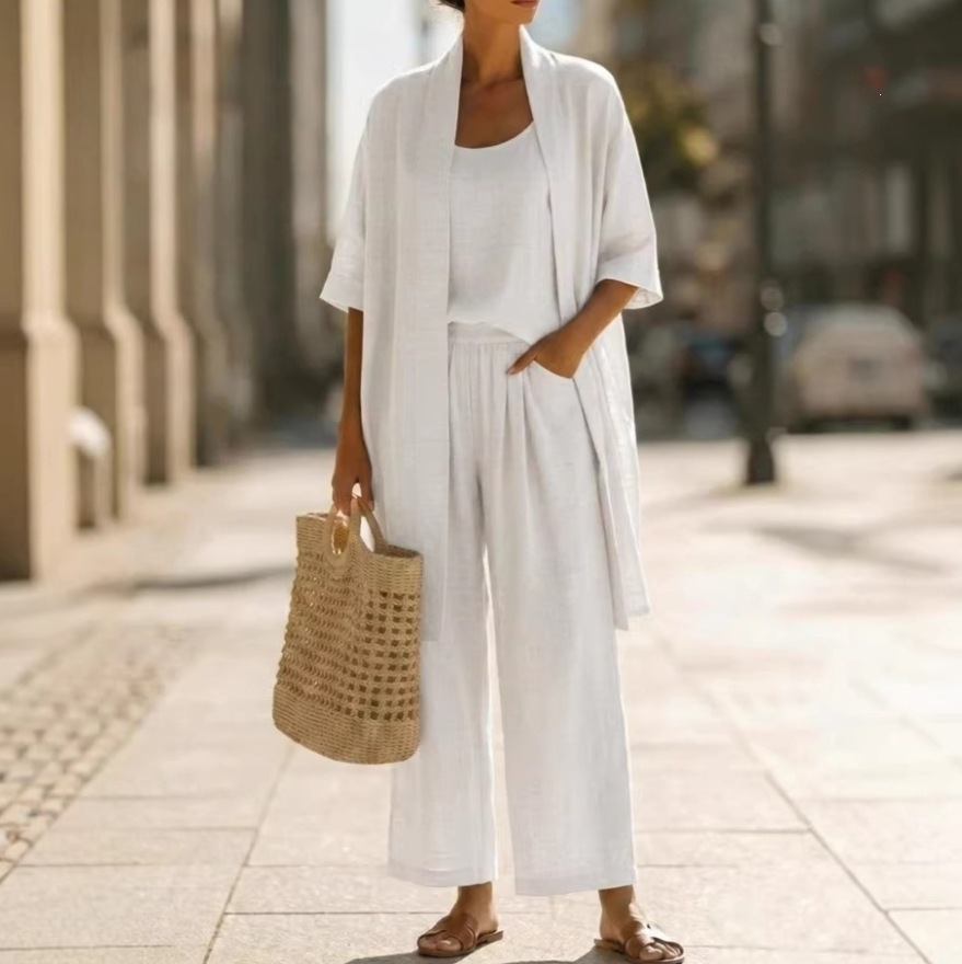 Women's Summer Breathable Linen 3-Piece Set White Cardigan Cami Wide-Leg Pants