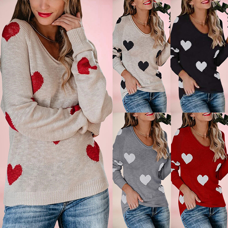 Women's Loose Heart V-Neck Knit Pullover Sweater