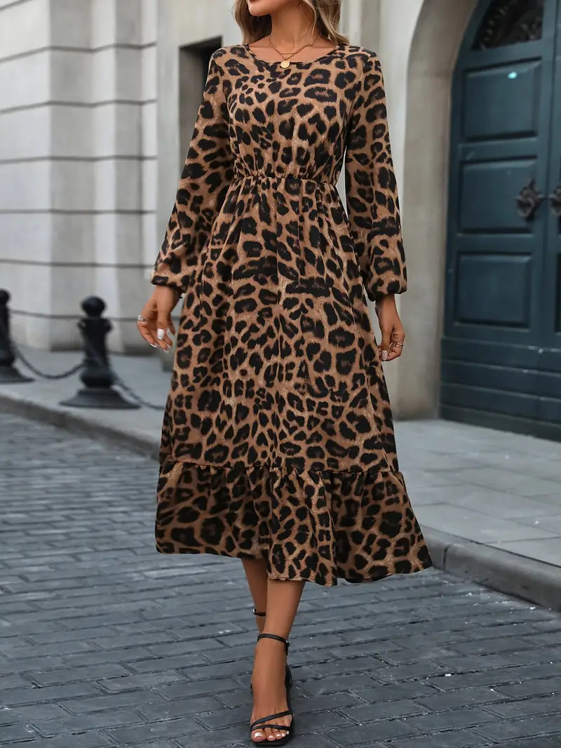 Elegant Leopard Print Lantern Sleeve Ruffle A-Line Midi Dress