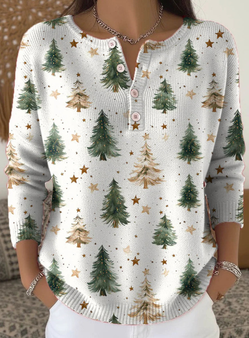 Women's Christmas Dinosaur Forest Print Button Sweatshirt