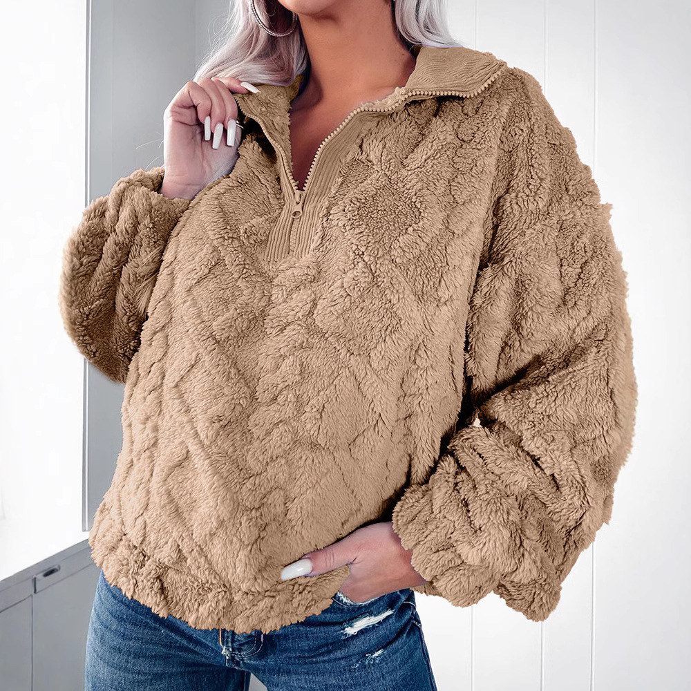 Women's Solid Color Fuzzy Pullover Top with Lantern Sleeves