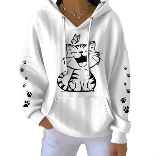 Women's Cat Paw Print Hoodie Long Sleeve Crewneck Pullover
