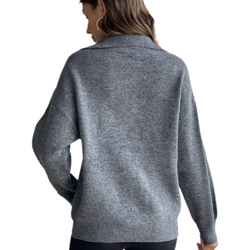 Women's Collared Long Sleeve Knit Sweater Solid Zip Pullover