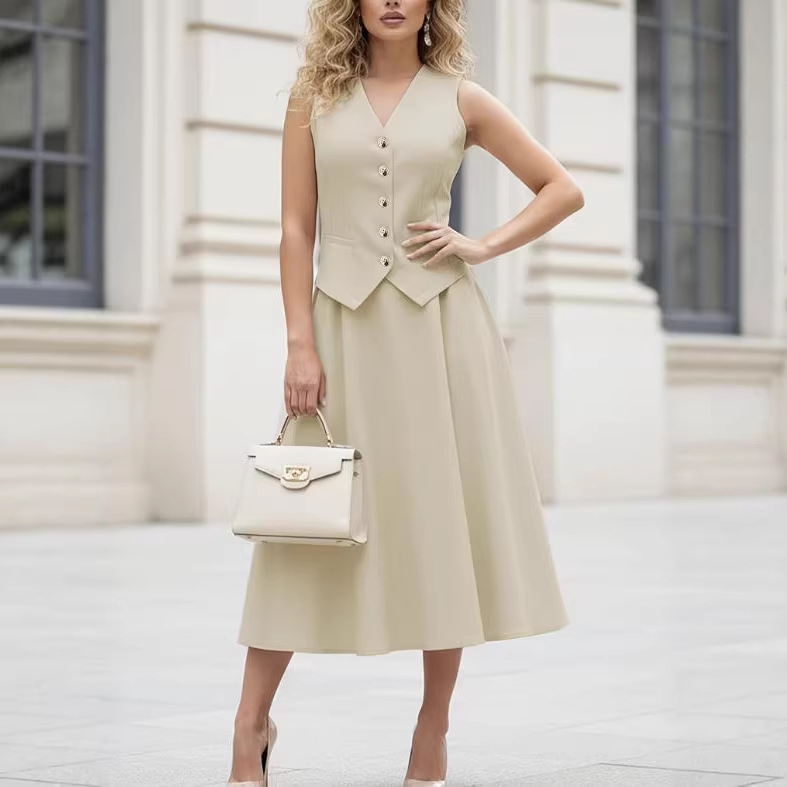 Women's V-Neck Single-Breasted Vest and Long Skirt Two-Piece Set