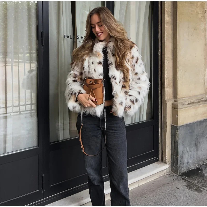 Leopard Print Faux Fur Coat Round Neck Long Sleeve Loose Fit