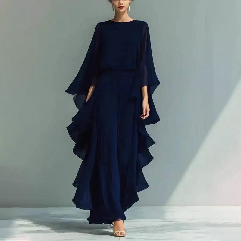 Women's Navy Chiffon Top and Straight-Leg Pants Set with Bell Sleeves and Ruffles