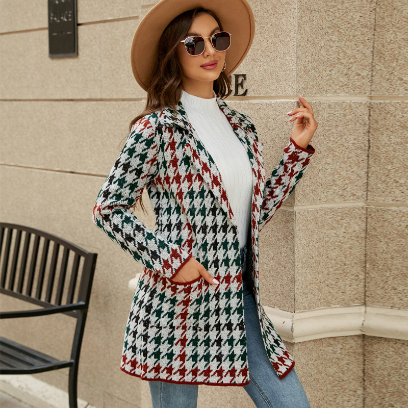 Houndstooth Colorblock Knit Long Cardigan with Suit Collar